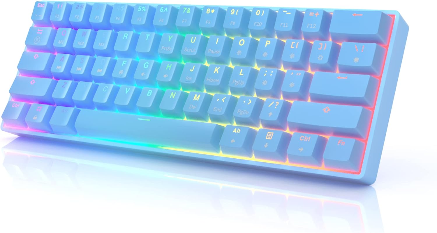 Light blue GK61 keyboard with Gateron Optical Black linear switches and RGB backlight
