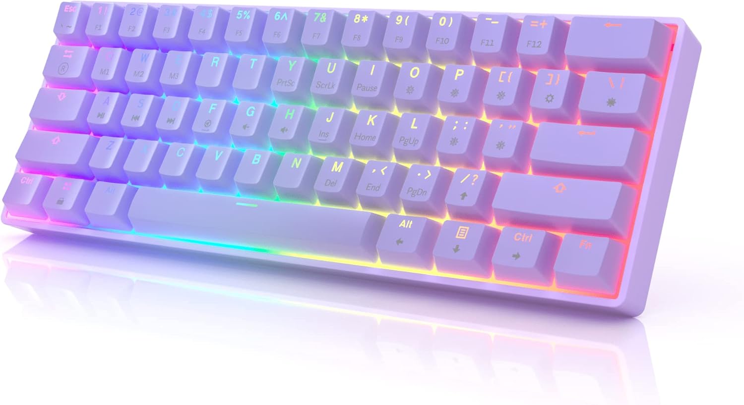 Lavender GK61 keyboard with pastel purple keycaps and Gateron Optical Blue clicky switches