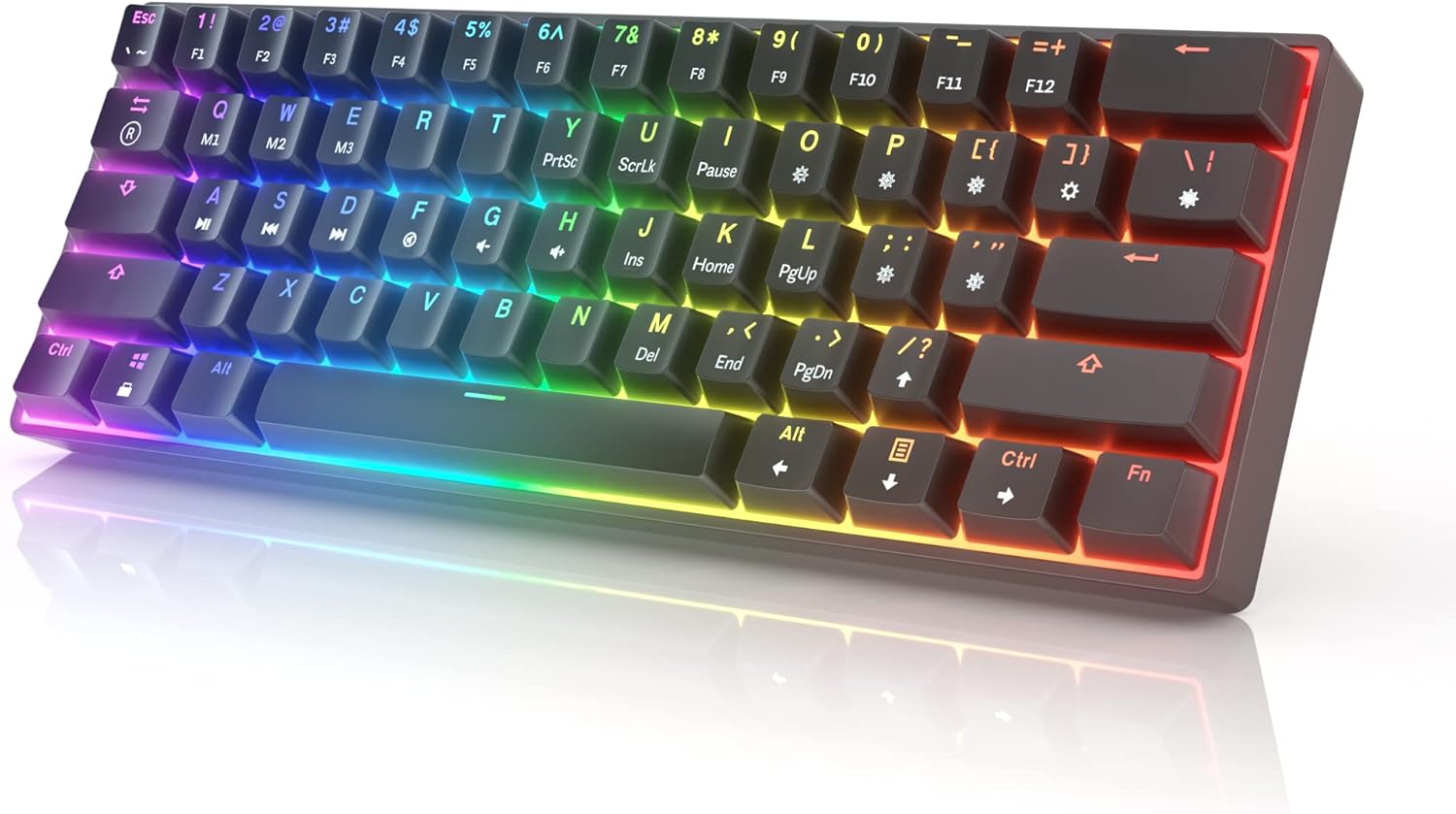 Black GK61 60% keyboard with Gateron Optical Brown switches and rainbow RGB backlighting