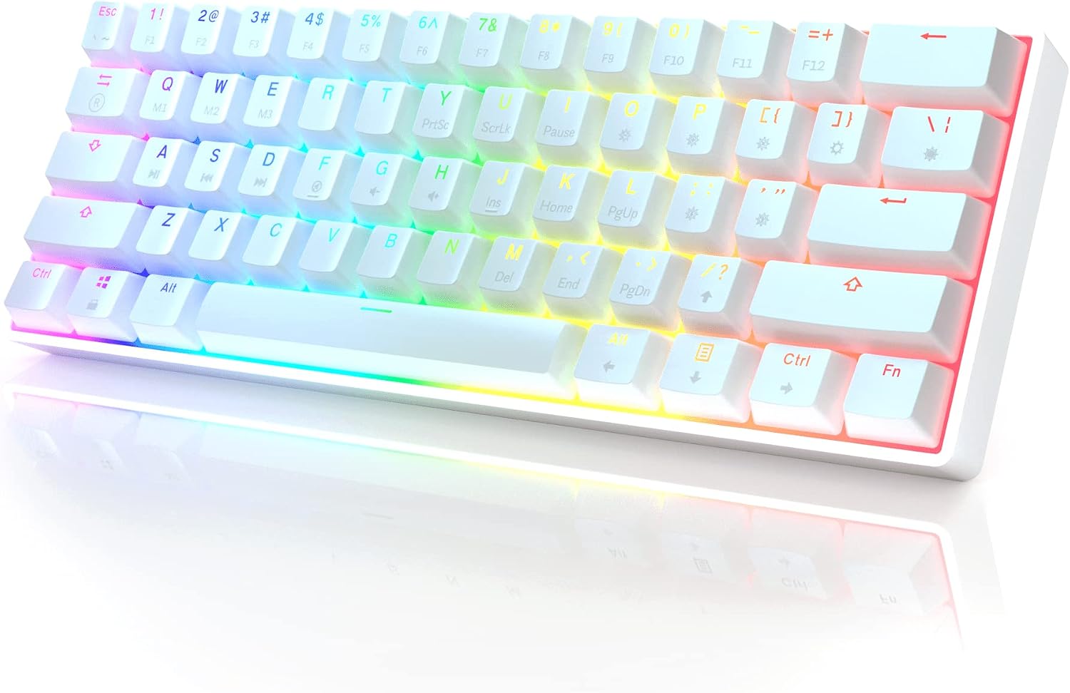White GK61 keyboard with Gateron Optical Silver switches and rainbow RGB lighting